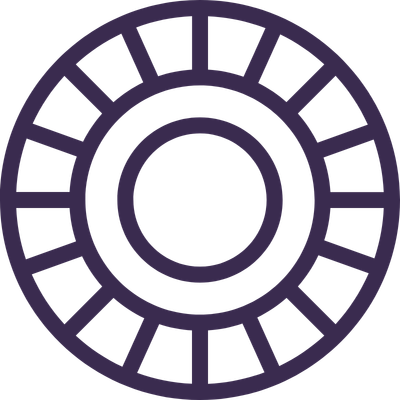A circular purple graphic with concentric rings and evenly spaced rectangular cutouts around the outer ring.
