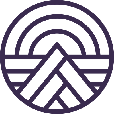 A geometric logo with a mountain, sun, and layered horizon design in black and purple.