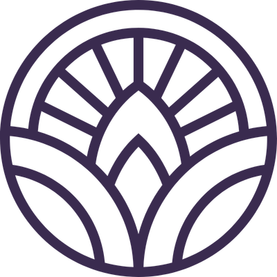 Stylized geometric logo with circular design and symmetrical lines resembling leaves or petals.