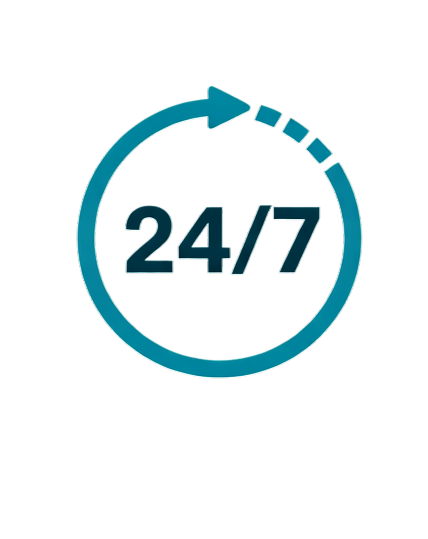 A circular icon with a blue arrow forming a loop around a red background, displaying "24/7" in the center, indicating 24/7 service or availability.