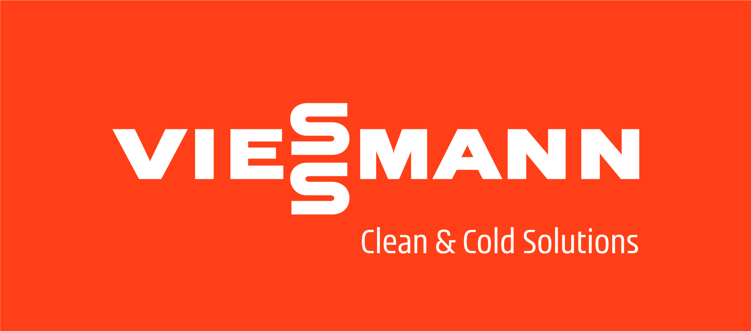 Orange background with white text displaying the brand name 'Viesmann' and the tagline 'Clean & Cold Solutions'.