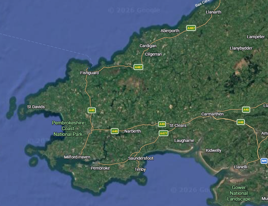Map of Pembrokeshire, Wales, highlighting towns and roads such as Fishguard, Narberth, Milford Haven, and Pembroke, with the coastline and national parks visible.