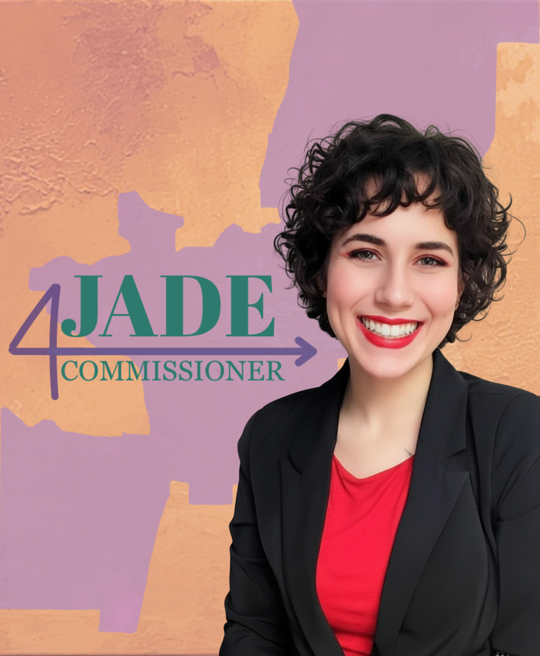 A woman with short curly dark hair wearing a black blazer and red top, smiling in front of a purple and beige background with text that reads 'JADE 4H 'COMMISSIONS'.