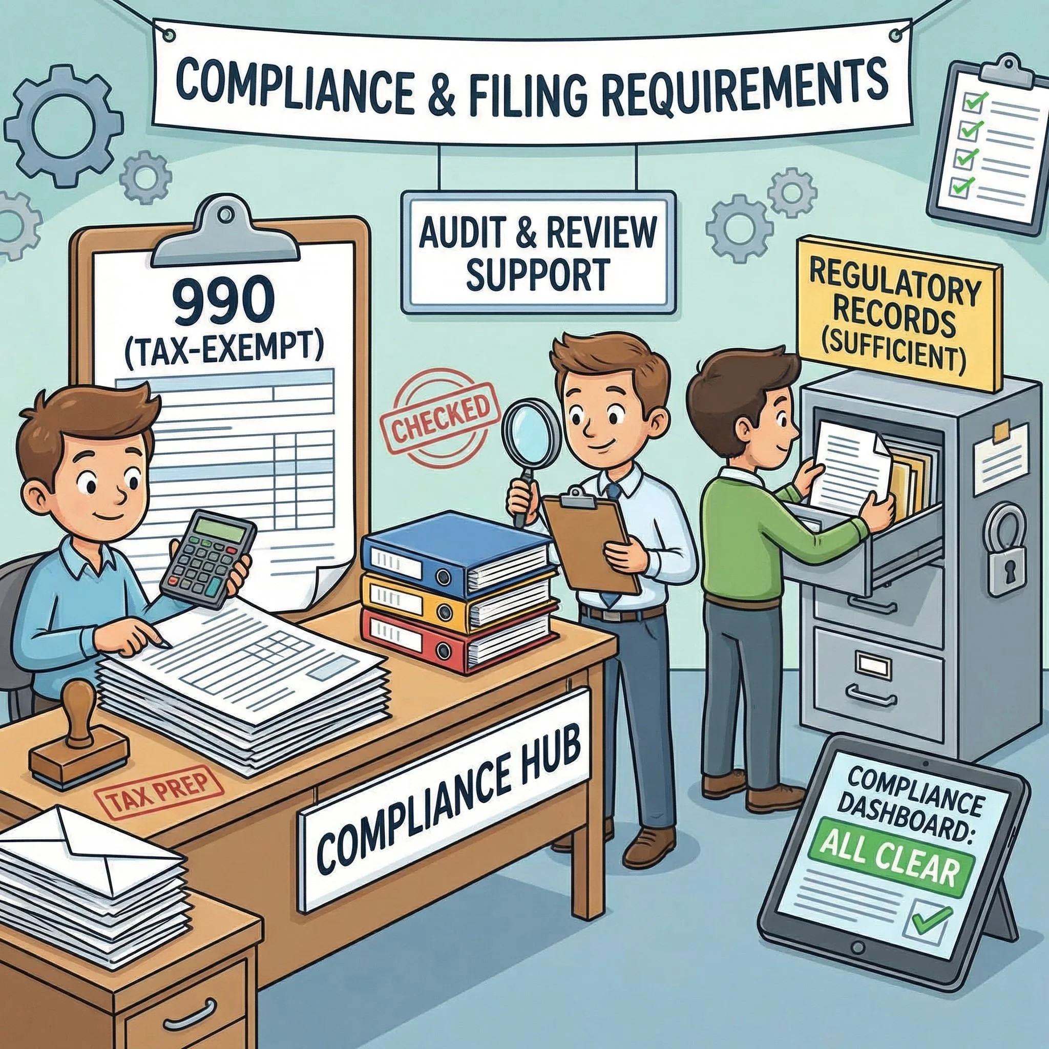 Illustration of a compliance and filing support office with three men working at a desk and filing cabinet. Signs show tax-exempt status, regulatory records, and compliance dashboard indicating all clear.