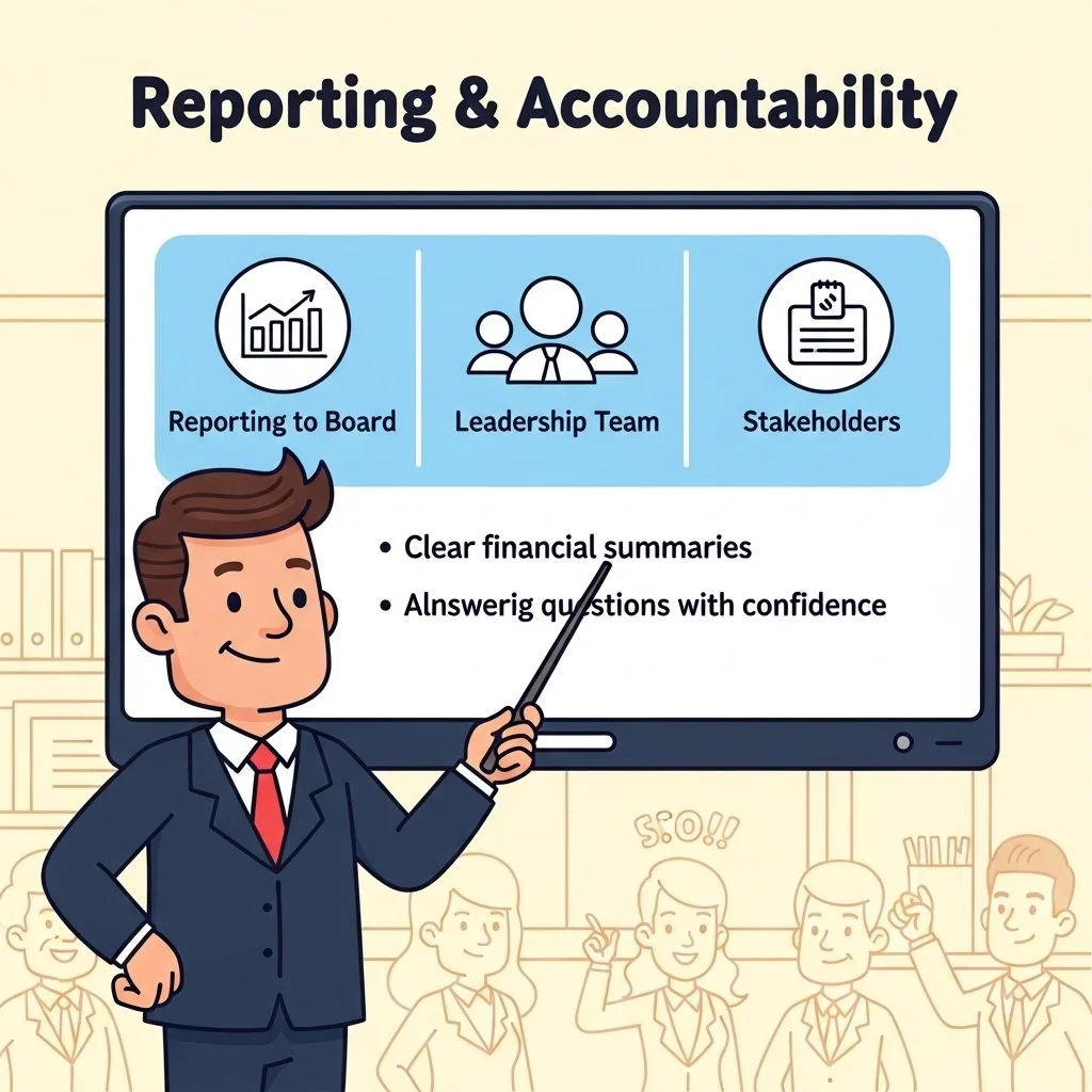 Illustration of a man in a suit giving a presentation on reporting and accountability, with a screen showing icons and text about reporting to board, leadership team, and stakeholders, and points about clear financial summaries and answering questions confidently.
