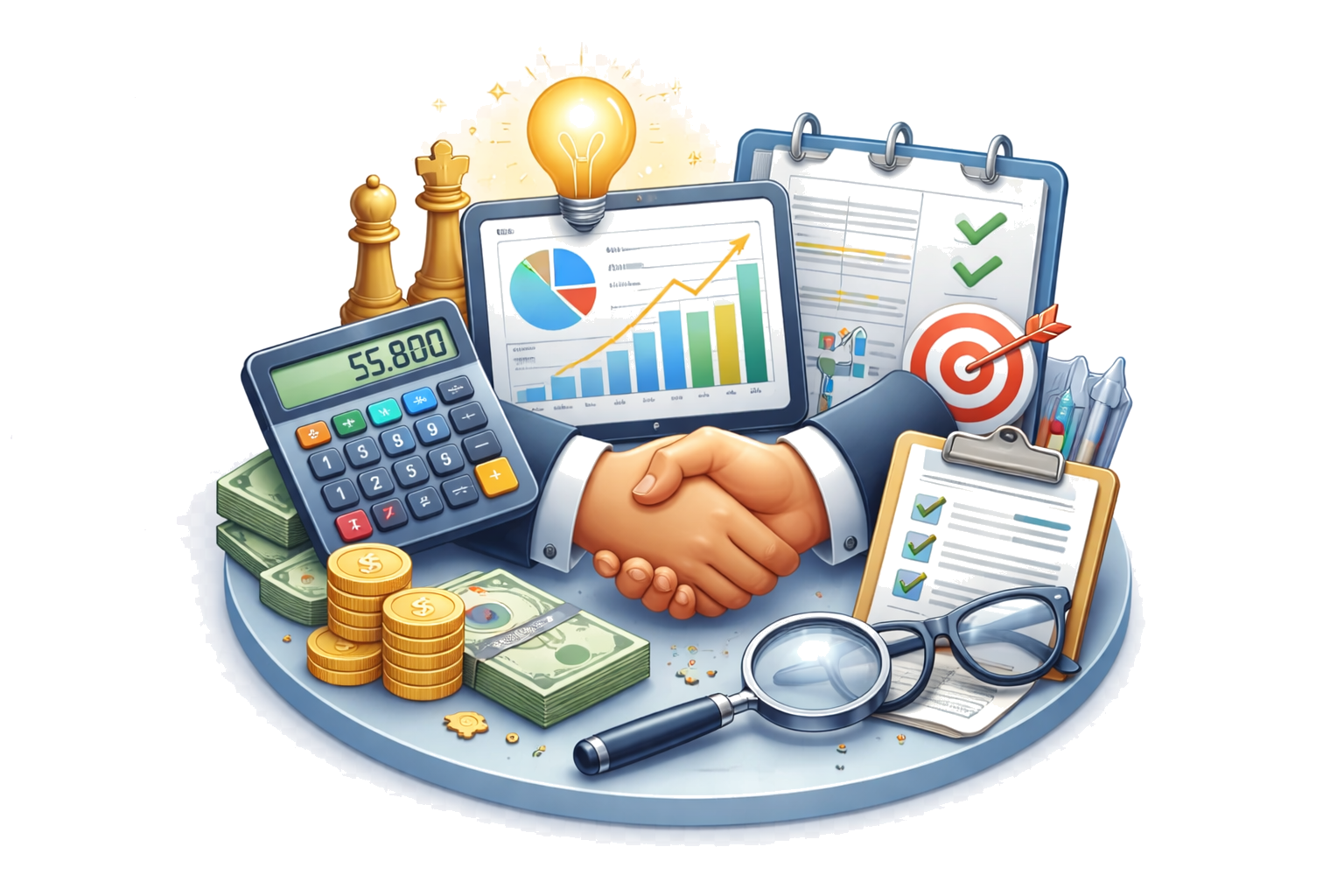 Business handshake with financial documents, money, and charts, symbolizing financial agreement and partnership.