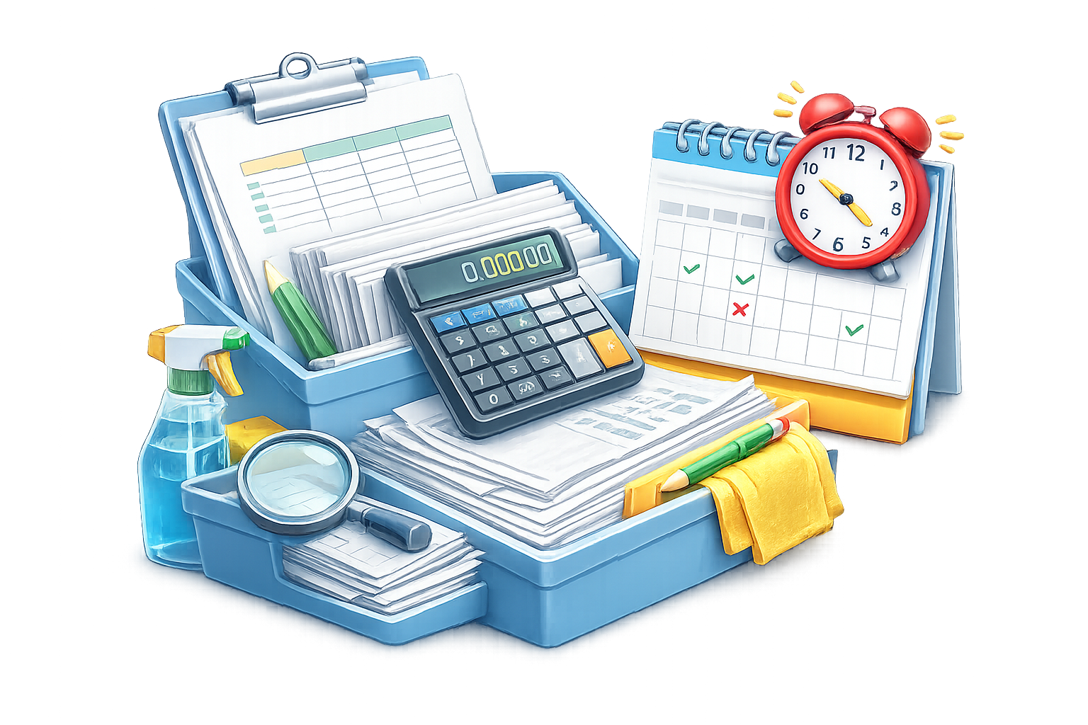Desk with organized paperwork, calculator, magnifying glass, spray bottle, yellow cloth, and pens, alongside a desk calendar, a clock, and a timer.