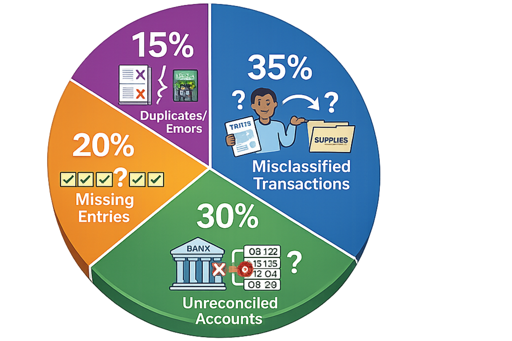 Circular pie chart illustrating percentages of financial data issues, including misclassified transactions, unreconciled accounts, missing entries, and duplicates or errors, with icons representing each issue.