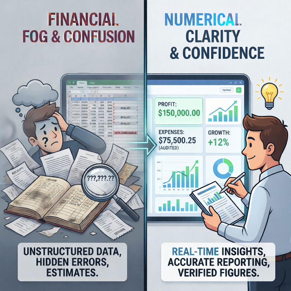 Comparison of disorganized, confusing financial data on the left with clear, accurate, real-time financial analysis on the right.