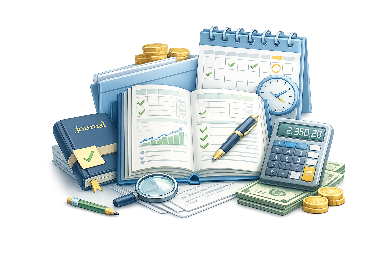 Financial planning and accounting items including a journal, open ledger with checkmarks, calendar, clock, pen, calculator, stacks of dollar bills, and gold coins.