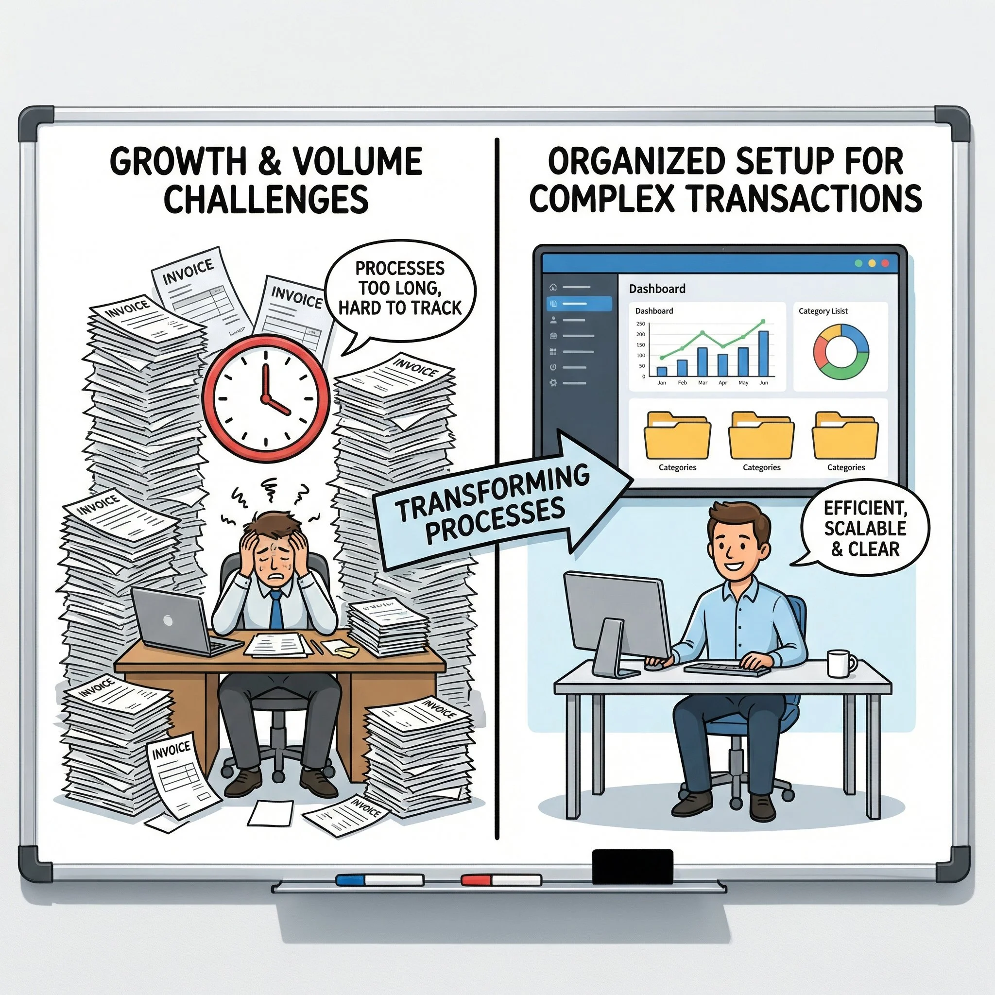 Comparison of work processes: left side shows an overwhelmed person surrounded by piles of invoices with a clock and a speech bubble saying 'Processes too long, hard to track'; right side shows a calm person at a desk with a computer, data visualization, and folders, with a speech bubble saying 'Efficient, scalable & clear,' illustrating transforming chaotic processes into organized workflows.
