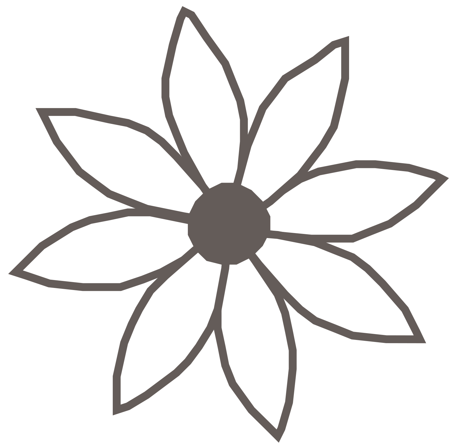 Black and white stylized flower with eight petals and a circular center.