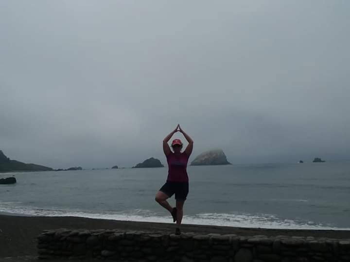 Person practicing yoga on a stone ledge by the beach on a cloudy day, with ocean and islands in the background.
