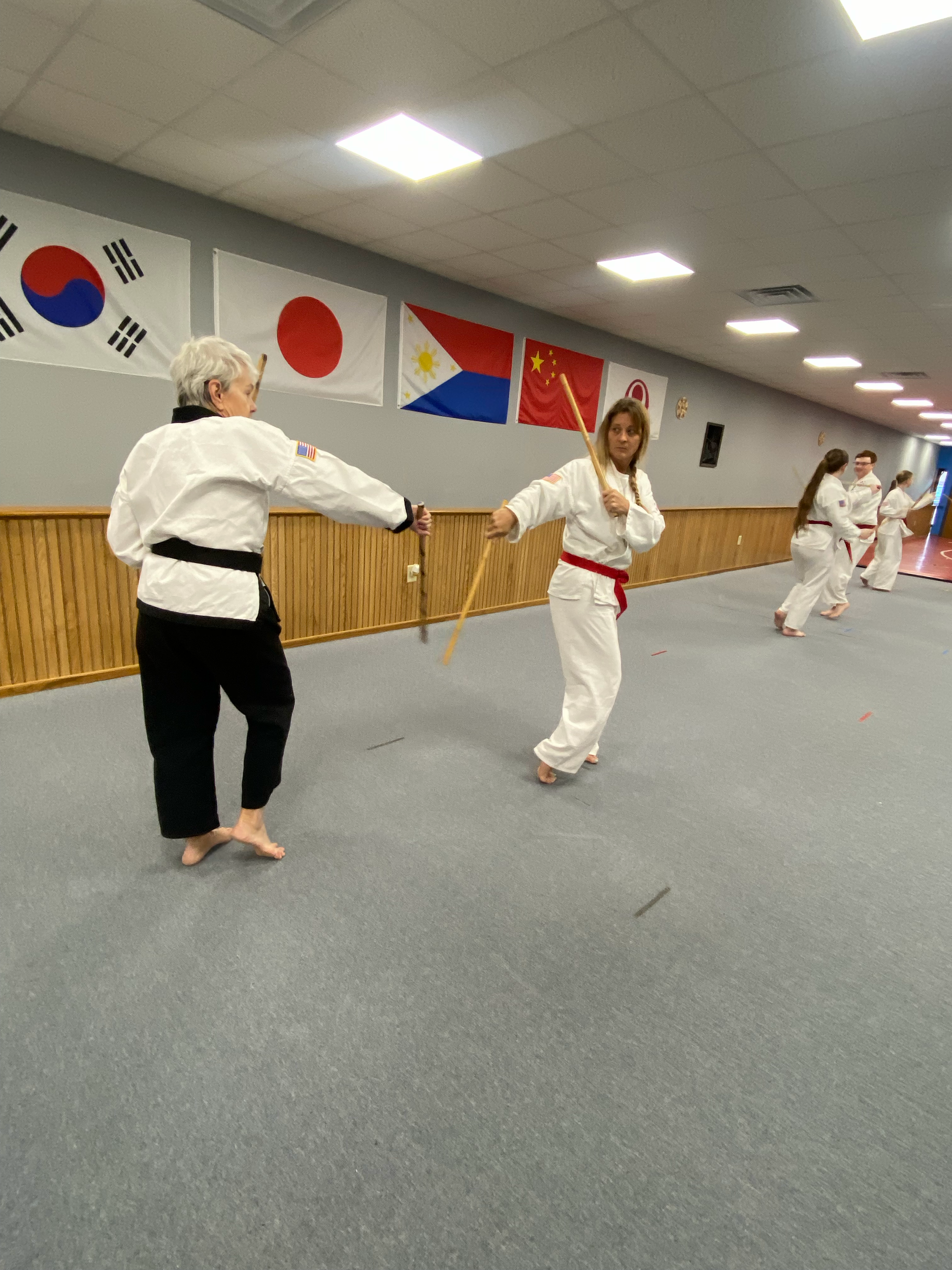 Martial arts class with children and instructor practicing in studio, Asian flags on wall.