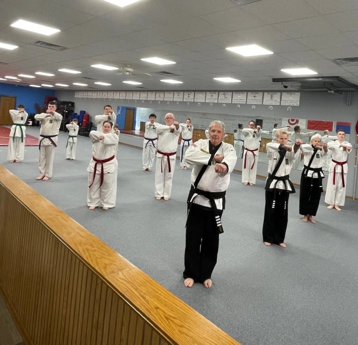 Martial arts class practicing a synchronized punch move in a dojo, with an instructor in a black belt in the foreground and students of various ages in white uniforms with colored belts behind.