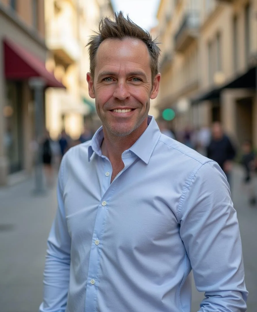 A smiling man with short, spiky hair wearing a light blue button-down shirt, standing outdoors on a city street with buildings and blurred pedestrians in the background.