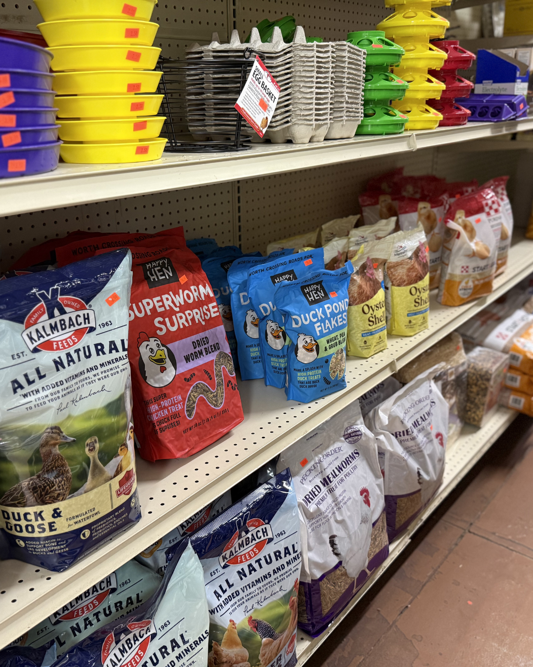 Shelves stocked with various types of poultry feed, including duck and goose feed, worm surprise, duck pond flakes, and oyster shell, in a store.