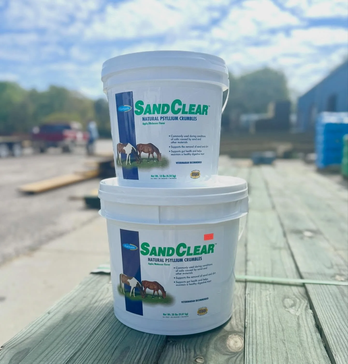 Two buckets of SandClear natural psyllium crumbles on a wooden table outdoors, with a blurred background of vehicles and buildings