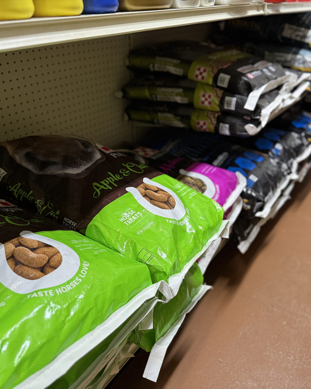 Shelves stocked with bags of horse treats in a pet store aisle.