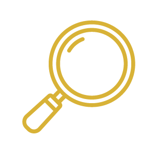 Gold magnifying glass icon on black background