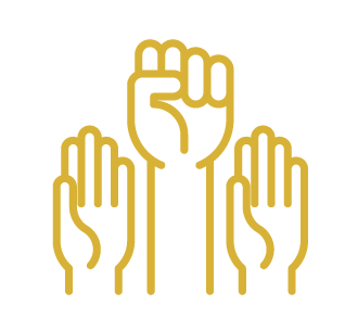 Three hands raised in a protest or rally, with the middle hand making a fist.