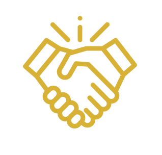 A gold outline of two hands shaking with rays above in a minimalist design.