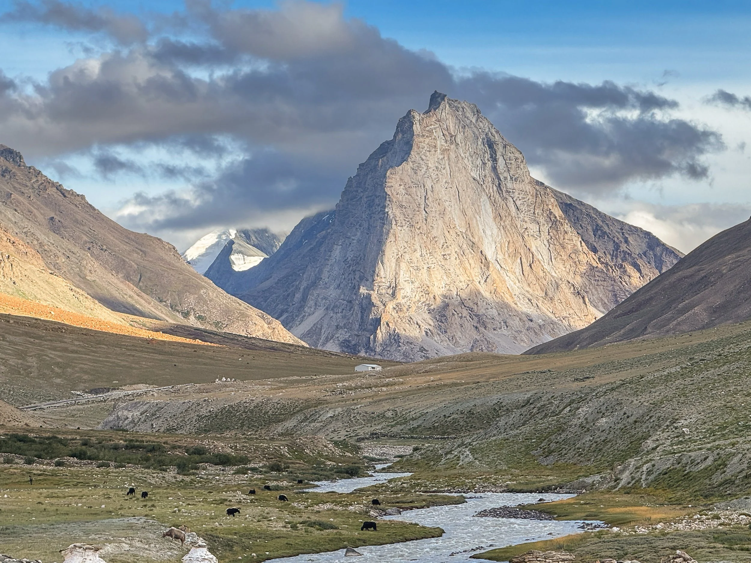 A mountain range with a prominent peak under a cloudy sky, a grassy valley in the foreground with grazing animals, and a small building near a river.