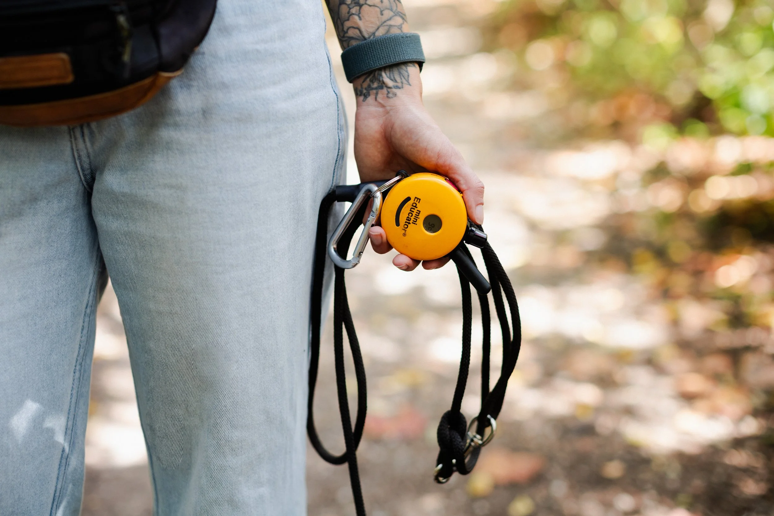 Person holding a yellow retractable dog leash with black fabric handles, standing outdoors on a trail with fallen leaves.