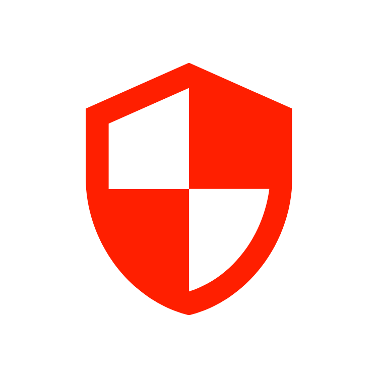 A shield logo divided into four sections with red and black colors, representing protection or security.
