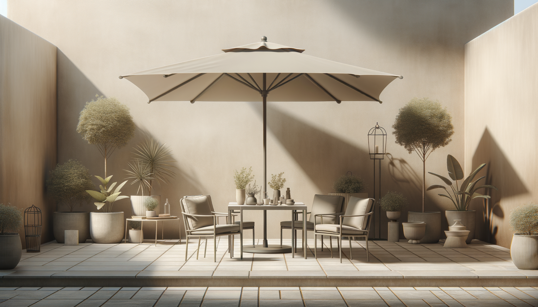 A cozy outdoor patio with a round table and four chairs under a large beige umbrella, surrounded by potted plants and trees against a light-colored wall.