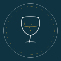 Line drawing of a wine glass on a dark background with decorative circular lines around it.
