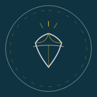 minimalist shield emblem with a dark blue background and gold accents