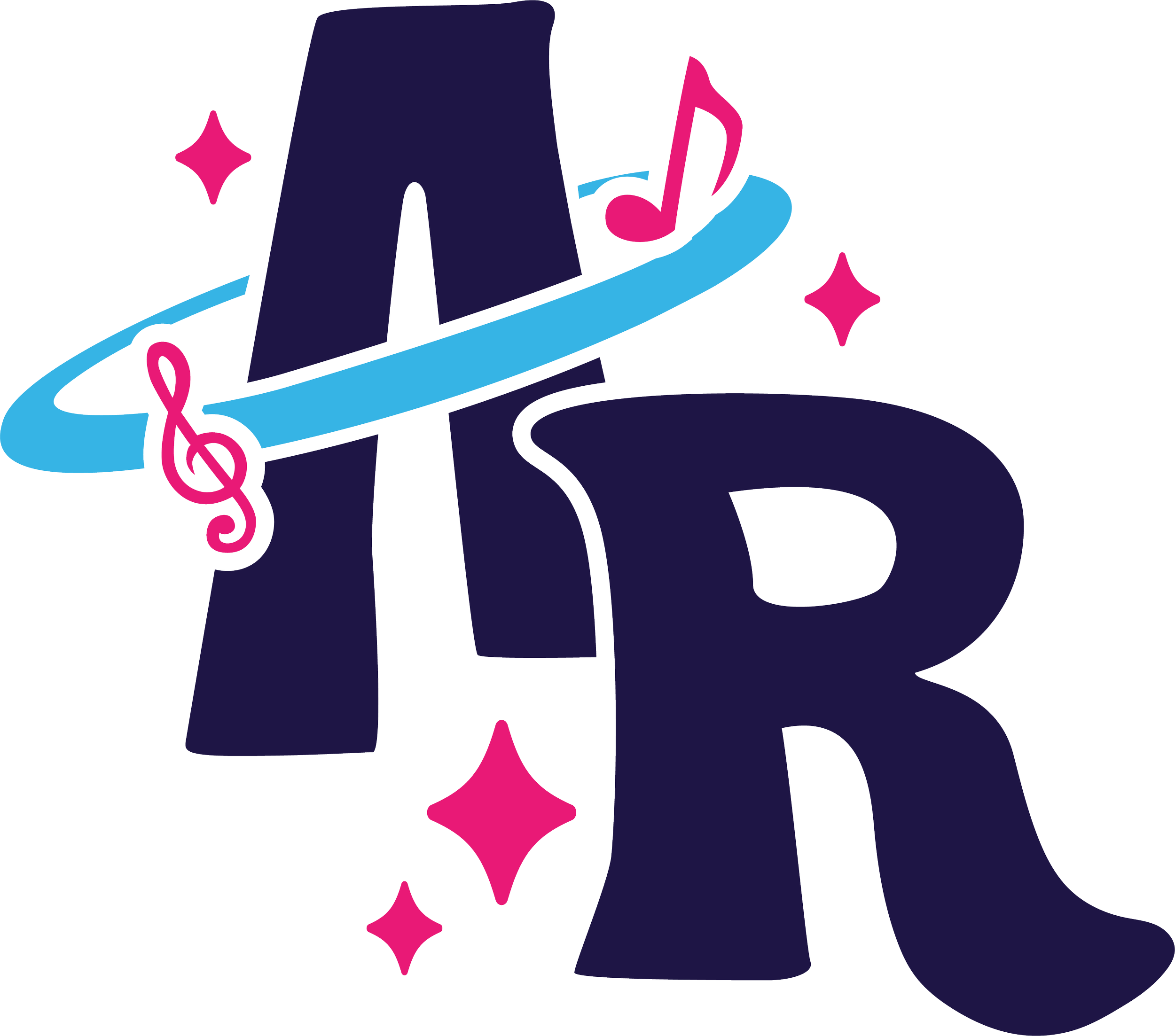 Stylized letters A and R with musical notes and sparkles around them.