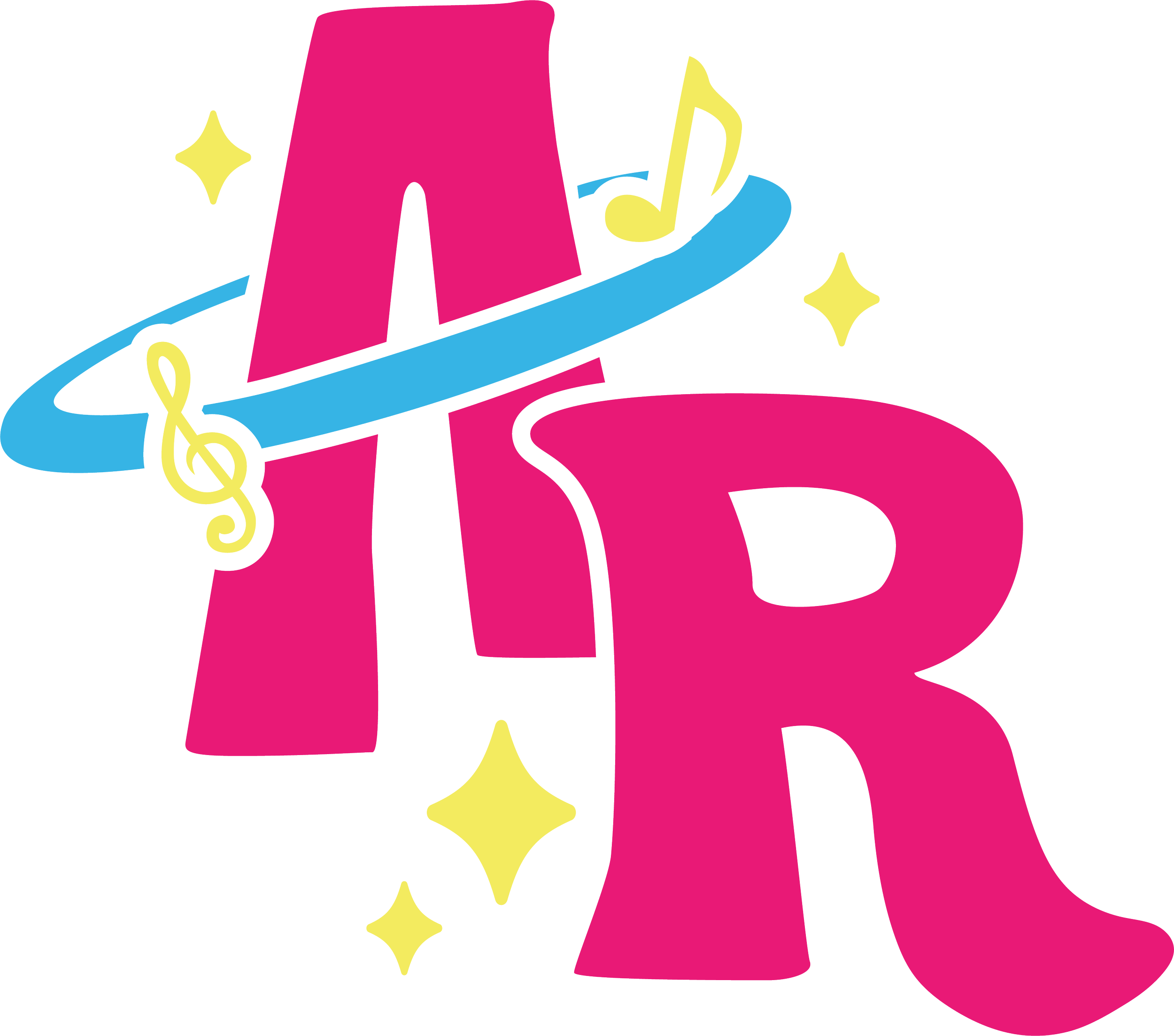 Colorful logo with the letters A and R in pink, with musical notes and stars around them.