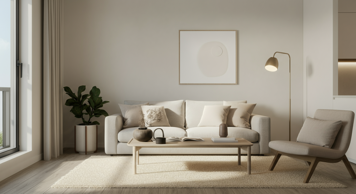 Minimalist living room with white sofa, beige armchair, wooden coffee table, floor lamp, potted plant, abstract artwork on the wall, and large windows with curtains.