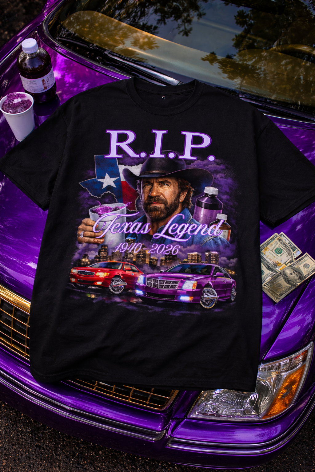 R.I.P. Chuck Norris Texas Legend Houston Style Purple Drank Hip Hop T-Shirt