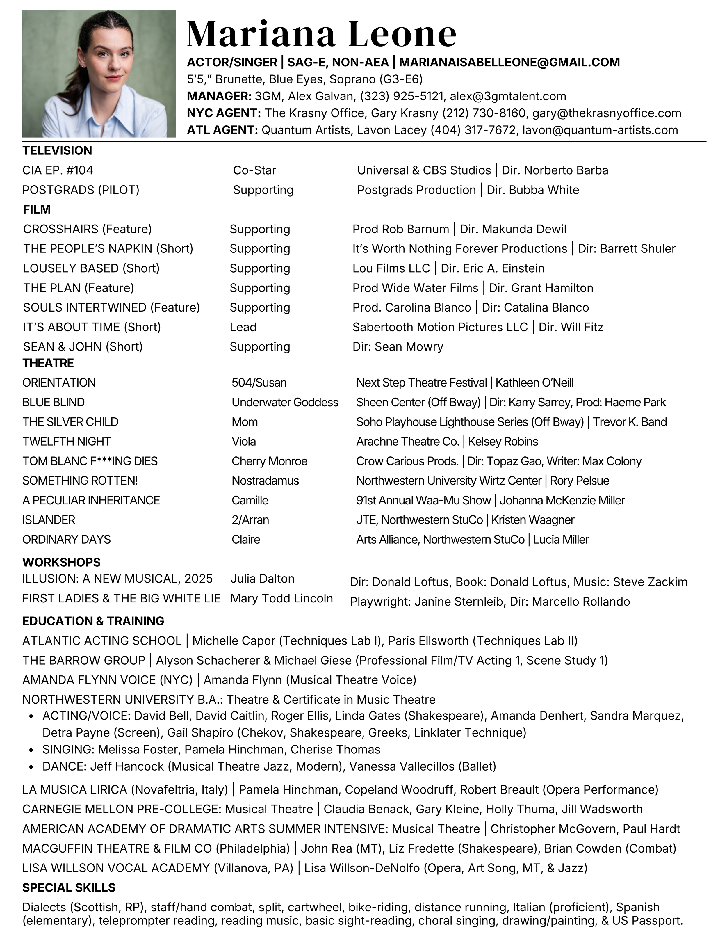 A detailed professional resume of Mariana Leone, including her contact information, skills, and experience in acting, singing, and theatrical production.