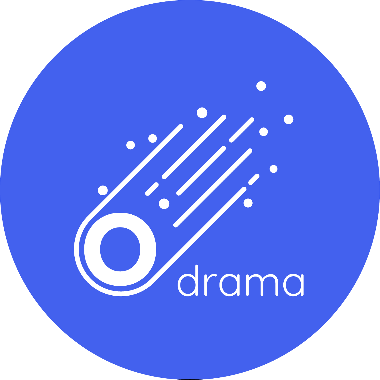 An illustration of a meteor streaking across the sky with the word 'drama' underneath, against a blue circular background.