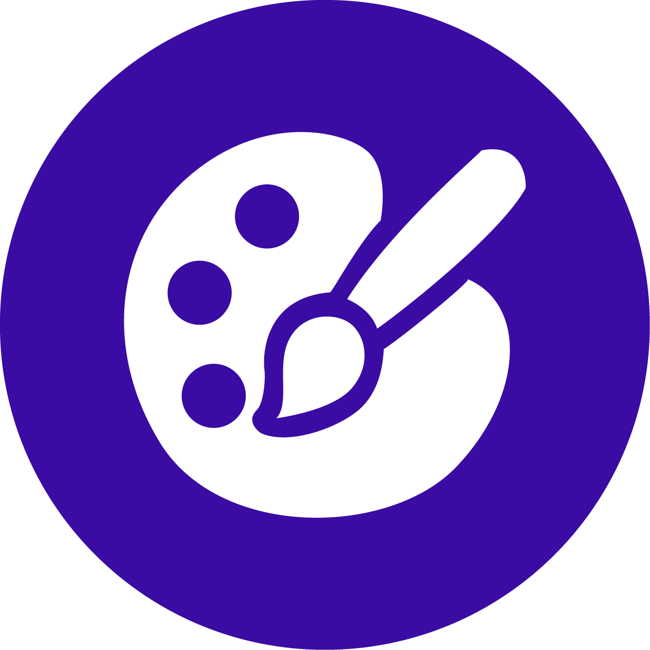 Icon of a painter's palette with paintbrush, set against a purple circular background.