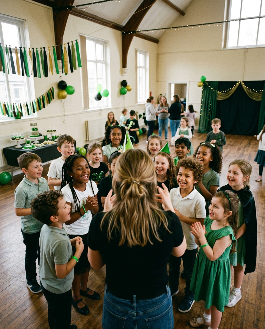 Children celebrating a party with green and black decorations, a cake table, and balloons, in a decorated room with wood floors and large windows.