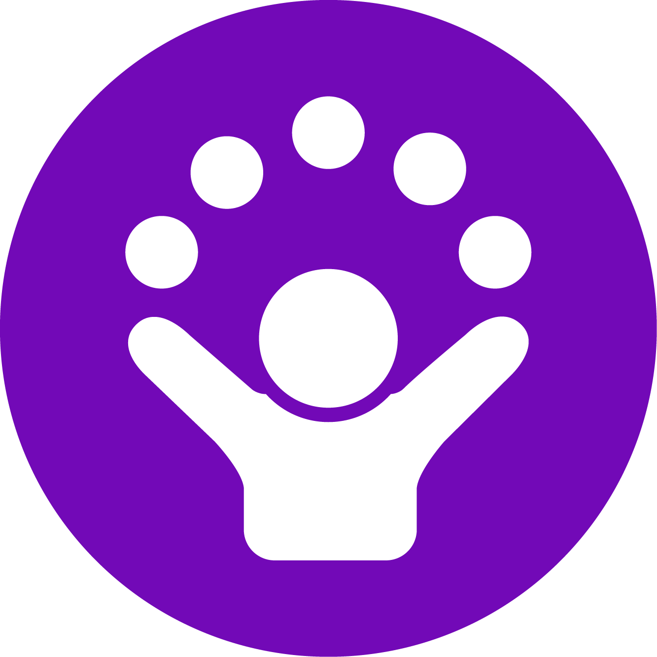 Fun - White human figure with arms raised, surrounded by six smaller white circles, all on a purple circular background.