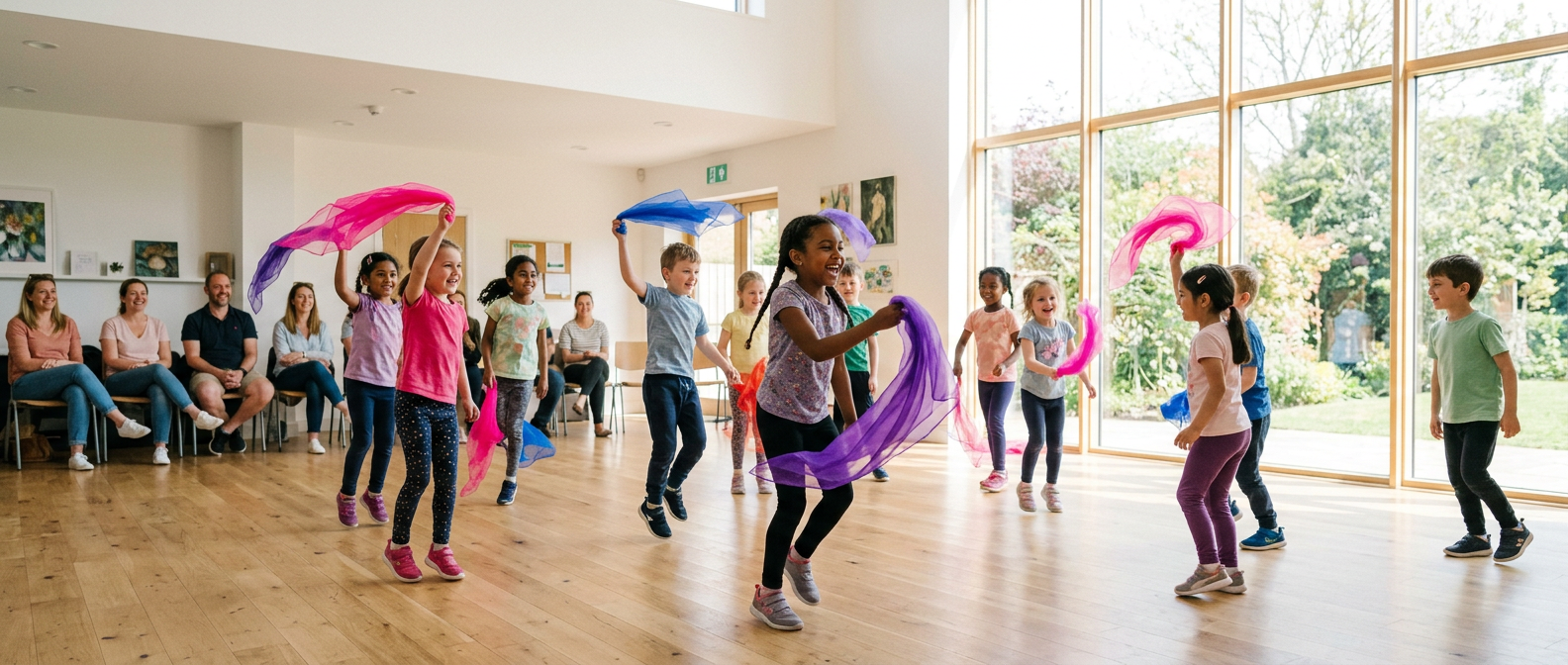 Children dancing in a brightly-lit room with large windows, holding colorful scarves and enjoying a lively activity.