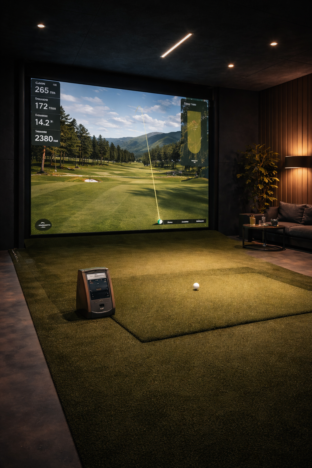Indoor golf simulator room with a large screen displaying a virtual golf course, a golf ball on the artificial turf, and a golf launch monitor on the ground.