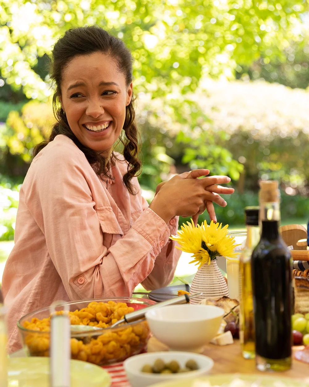 Young woman sharing a positive moment together during dinner time