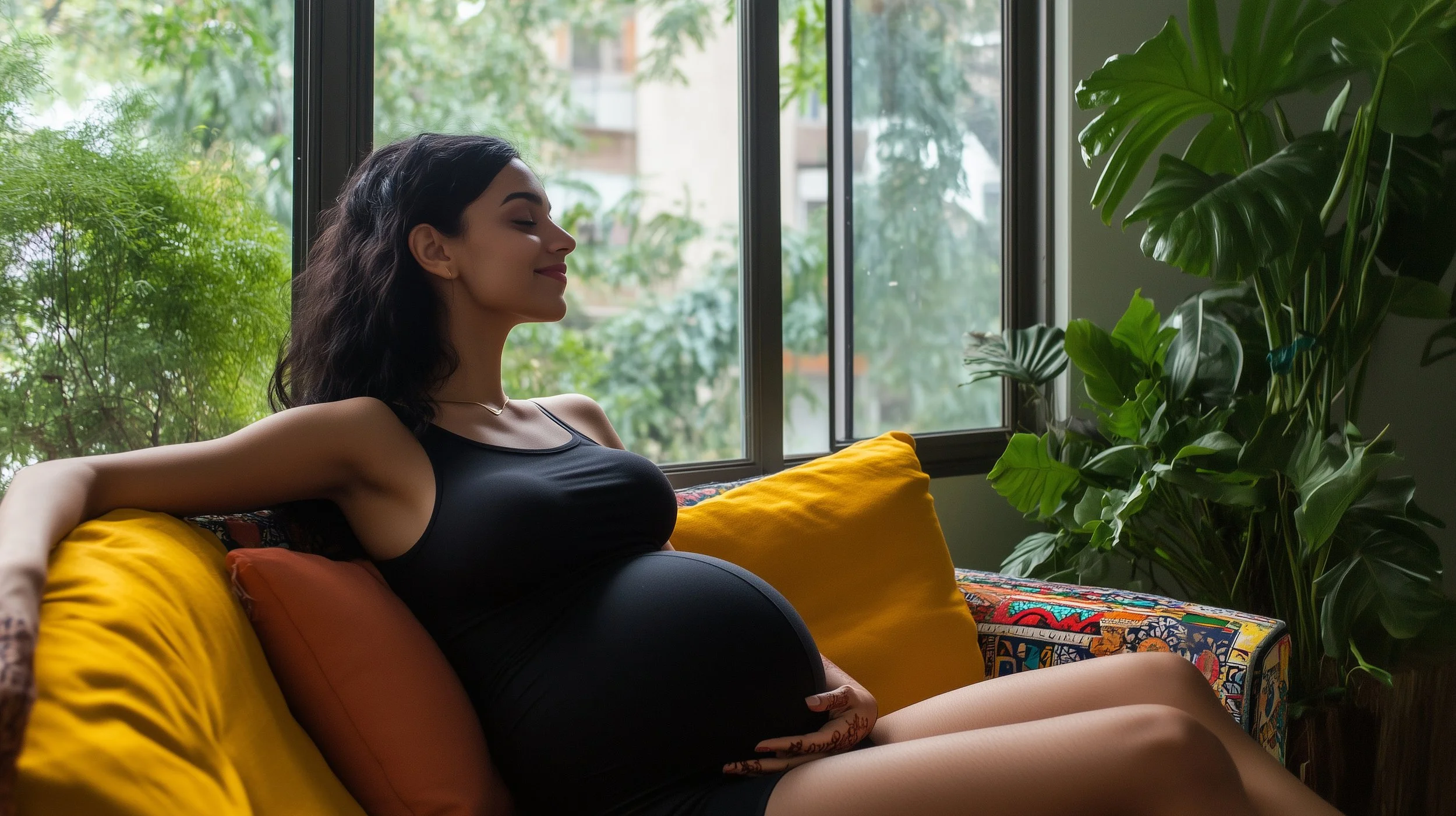 A pregnant woman with dark hair sitting on a colorful couch with yellow and orange pillows, relaxing with her eyes closed near a large window with greenery outside. There are green houseplants beside her.