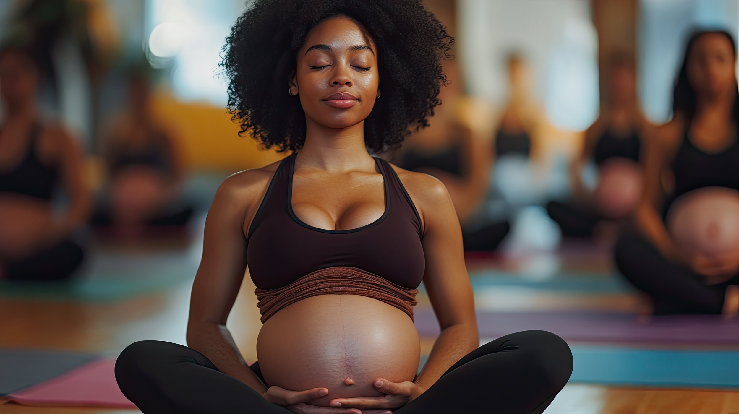 A pregnant woman practicing yoga in a yoga studio, sitting in a cross-legged pose with her hands on her belly and eyes closed, surrounded by other women practicing yoga.