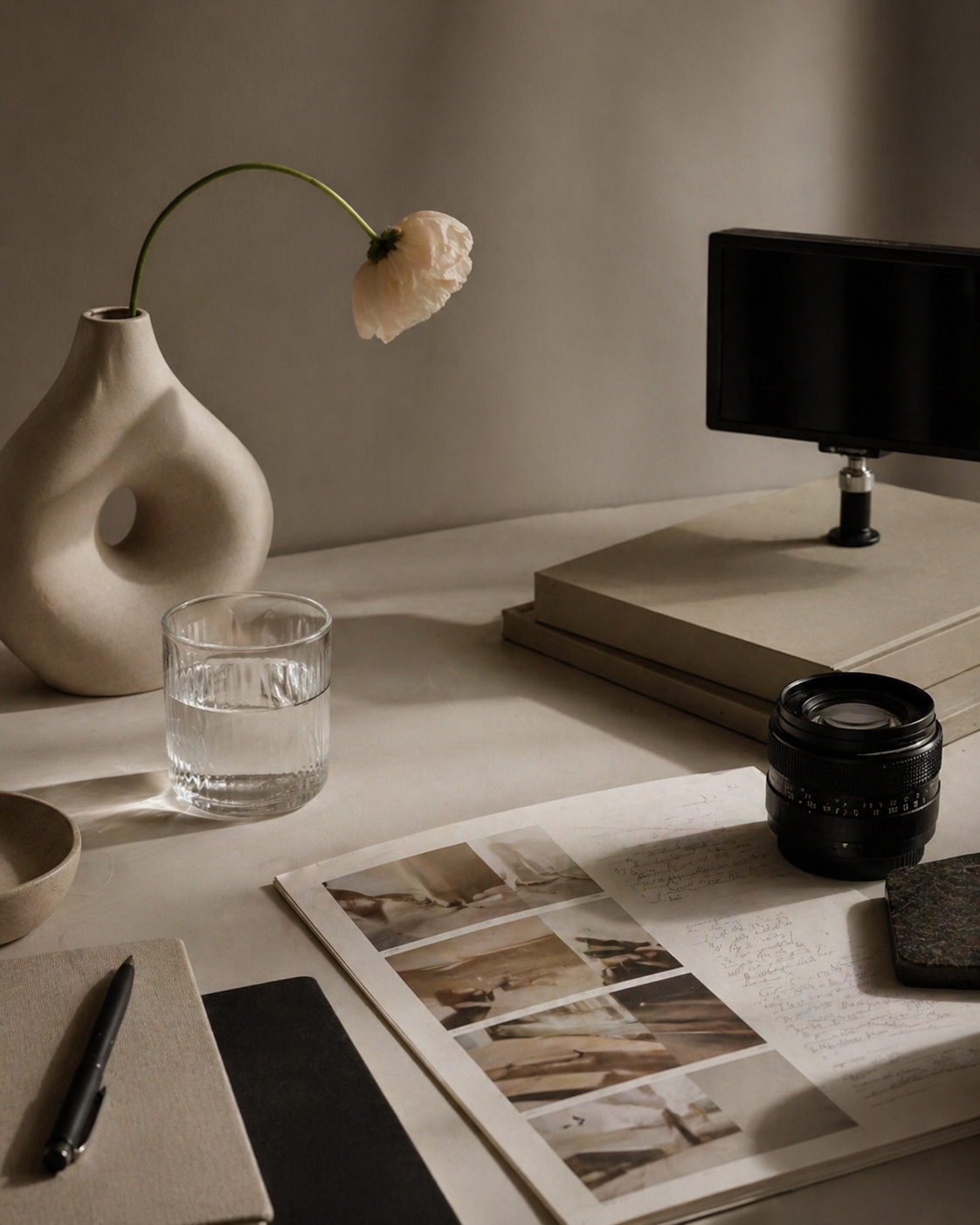 A desk with a white vase holding a drooping white flower, a glass of water, a camera lens, a computer monitor, a notebook with a pen, and printed photographs and handwritten notes.