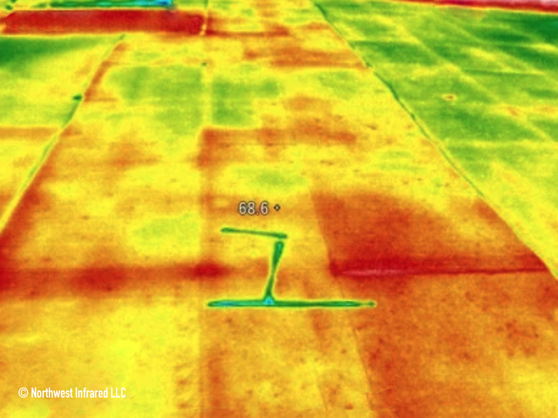 Thermal image of a walkway or patio showing temperature variations in red, yellow, and green colors, with a measurement of 68.6 degrees.
