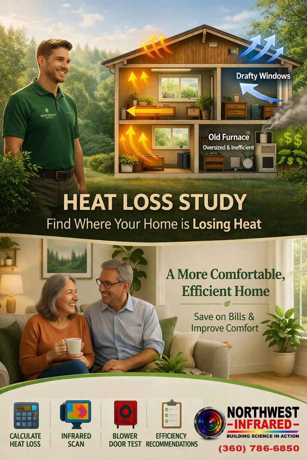 Infographic displaying a house cut in half to show heat loss through drafty windows and old furnace, with arrows indicating heat escaping. A smiling man in a green polo shirt stands outdoors. The lower section shows two smiling people sitting inside, holding a mug, with text promoting energy-efficient home improvements and a contact number for Northwest Infrared.