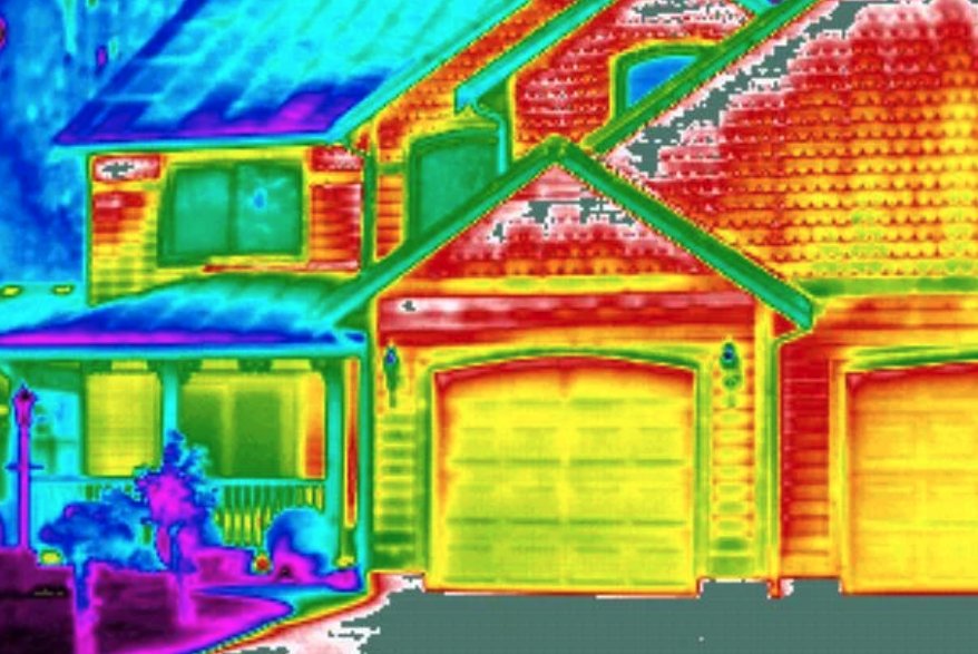 A colorful infrared image of a house and neighboring buildings.
